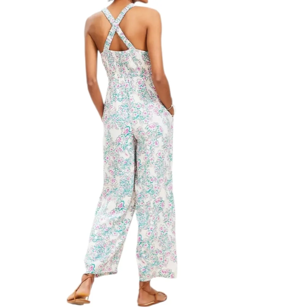 NWT LOFT Floral Smocked Crisscross Back Jumpsuit Womens 10 White Straight Spring